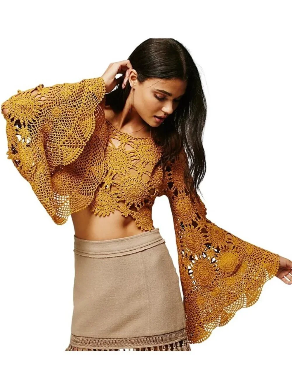 Free People Sunchaser Crochet Top Large Long Bell Sleeve Golden Rod Hippie Chic